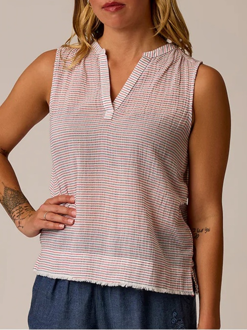 Carve Designs Sleeveless Red and White Striped Dylan Gauze Tank NWT
